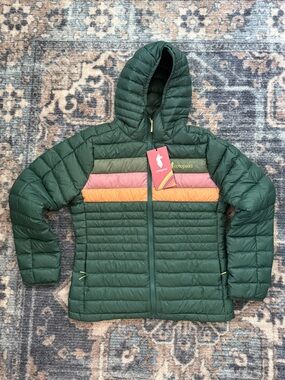 Cotopaxi Green Hooded Puffer Jacket with Pink and Orange Stripes